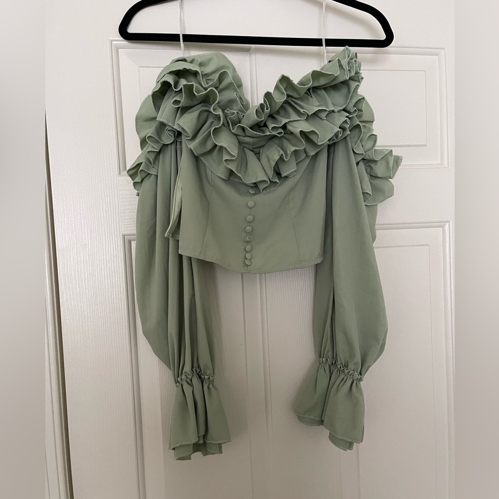 Pretty little Thing ruffled sage green off the shoulder top